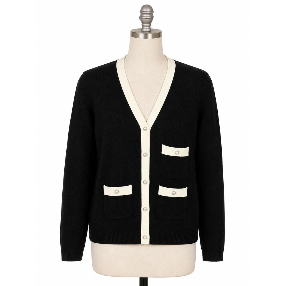 Bloomingdales Cashmere Cardigan Sweater Size Medium Pearl Button Black Ivory